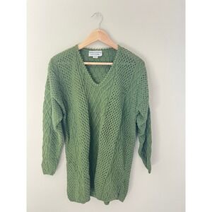 Absolutely Cotton Vintage Green Cable Knit Pointelle V-Neck Sweater Made in USA